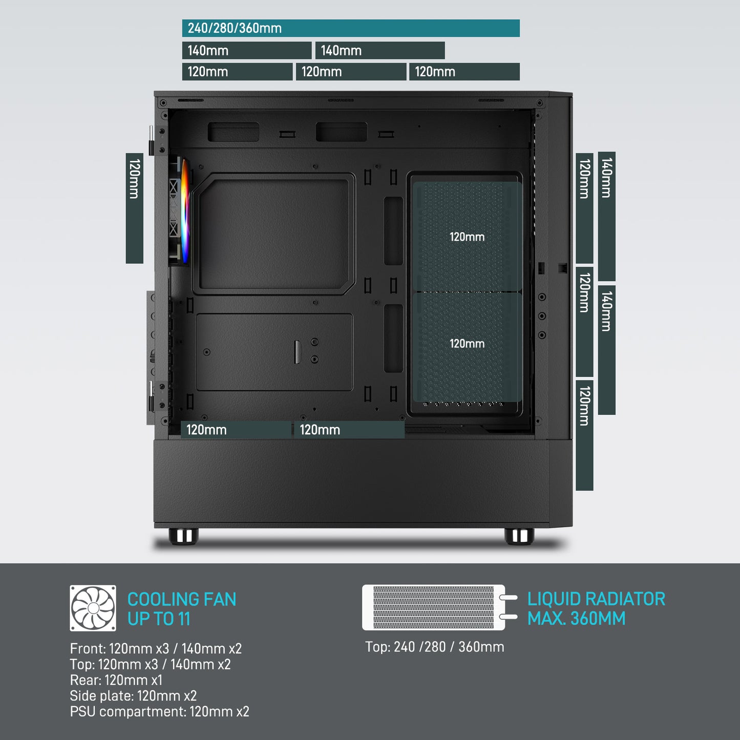DARKROCK A8-X Mid-Tower ATX PC Case with Tempered Glass and Mesh Panel, 1x120mm PWM & ARGB Fan Included, Type-C & USB 3.0, Support for 360mm Radiator - Black