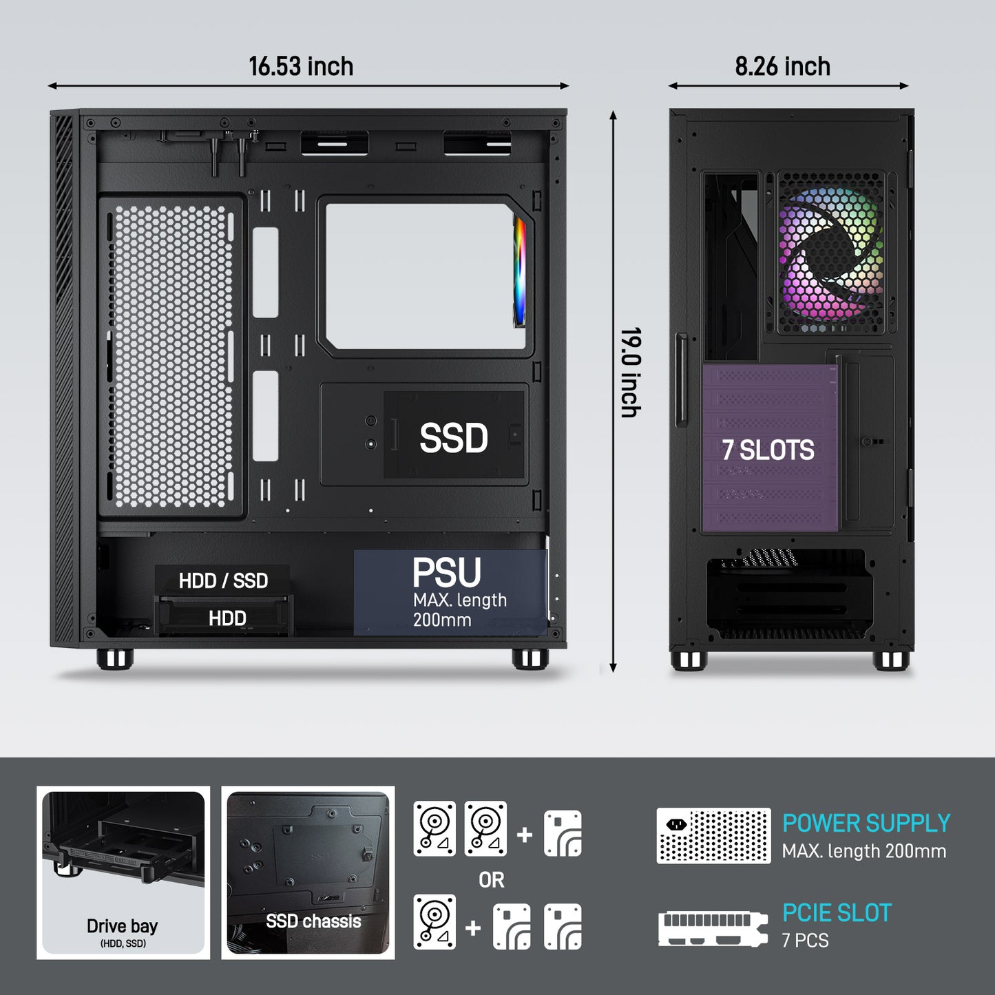 DARKROCK A8-X Mid-Tower ATX PC Case with Tempered Glass and Mesh Panel, 1x120mm PWM & ARGB Fan Included, Type-C & USB 3.0, Support for 360mm Radiator - Black
