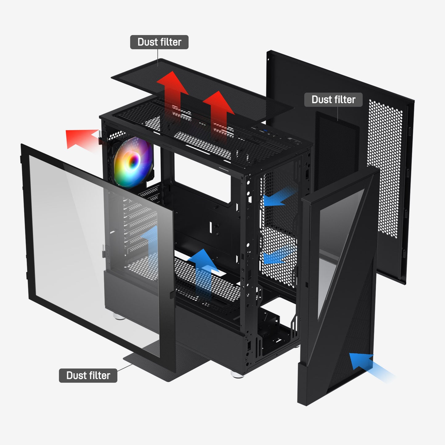 DARKROCK A8-X Mid-Tower ATX PC Case with Tempered Glass and Mesh Panel, 1x120mm PWM & ARGB Fan Included, Type-C & USB 3.0, Support for 360mm Radiator - Black