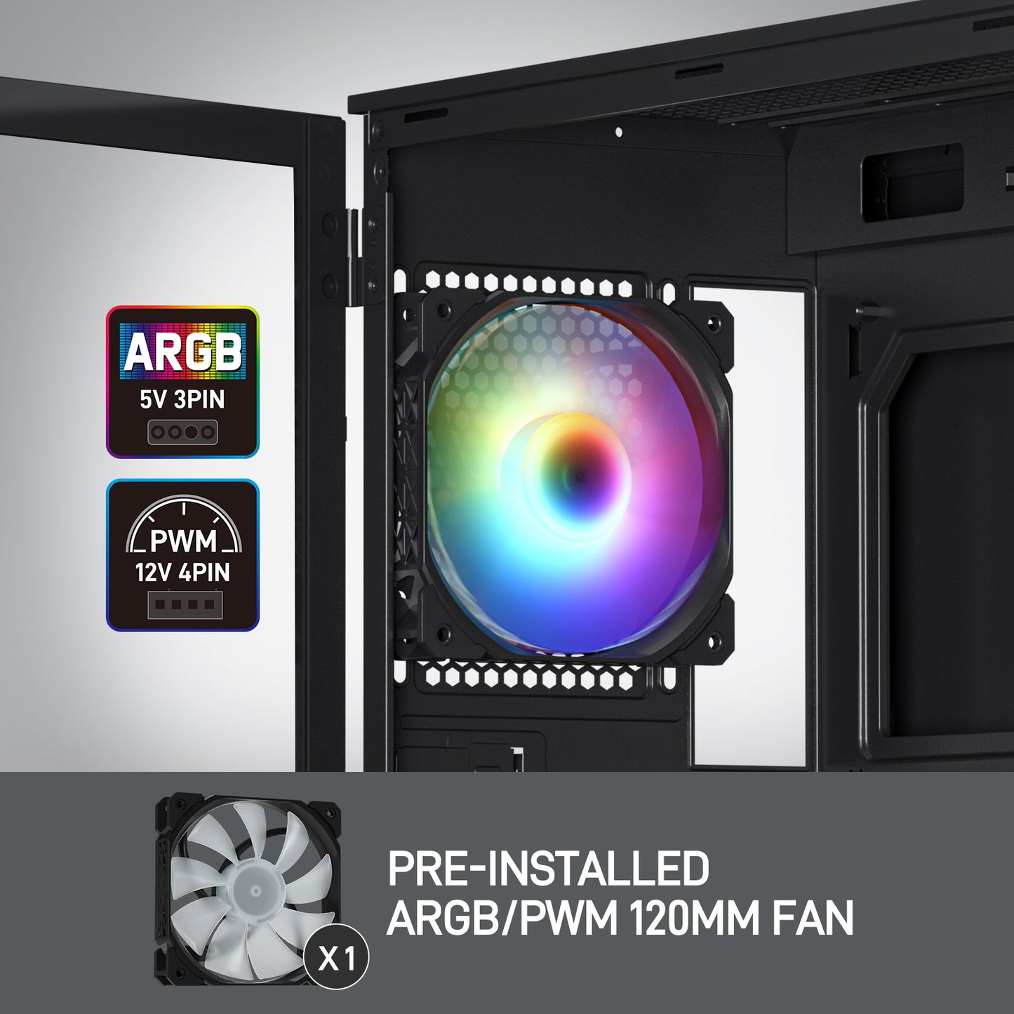 DARKROCK A8-X Mid-Tower ATX PC Case with Tempered Glass and Mesh Panel, 1x120mm PWM & ARGB Fan Included, Type-C & USB 3.0, Support for 360mm Radiator - Black