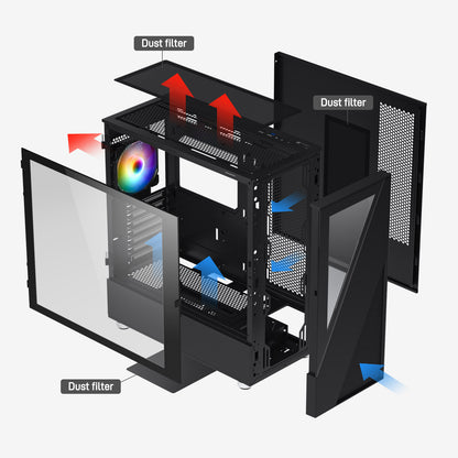 DARKROCK A8-X Mid-Tower ATX PC Case with Tempered Glass and Mesh Panel, 1x120mm PWM & ARGB Fan Included, Type-C & USB 3.0, Support for 360mm Radiator - Black