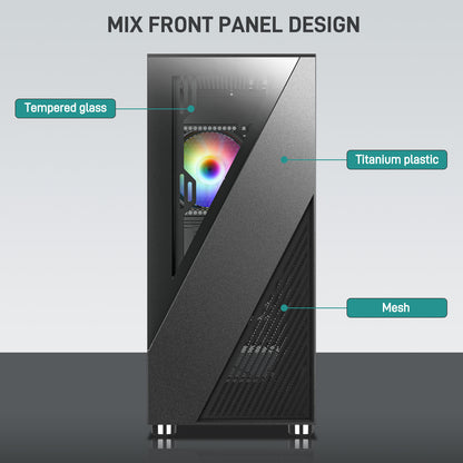 DARKROCK A8-X Mid-Tower ATX PC Case with Tempered Glass and Mesh Panel, 1x120mm PWM & ARGB Fan Included, Type-C & USB 3.0, Support for 360mm Radiator - Black