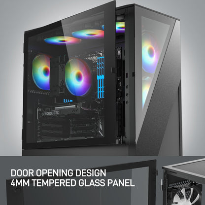 DARKROCK A8-X Mid-Tower ATX PC Case with Tempered Glass and Mesh Panel, 1x120mm PWM & ARGB Fan Included, Type-C & USB 3.0, Support for 360mm Radiator - Black