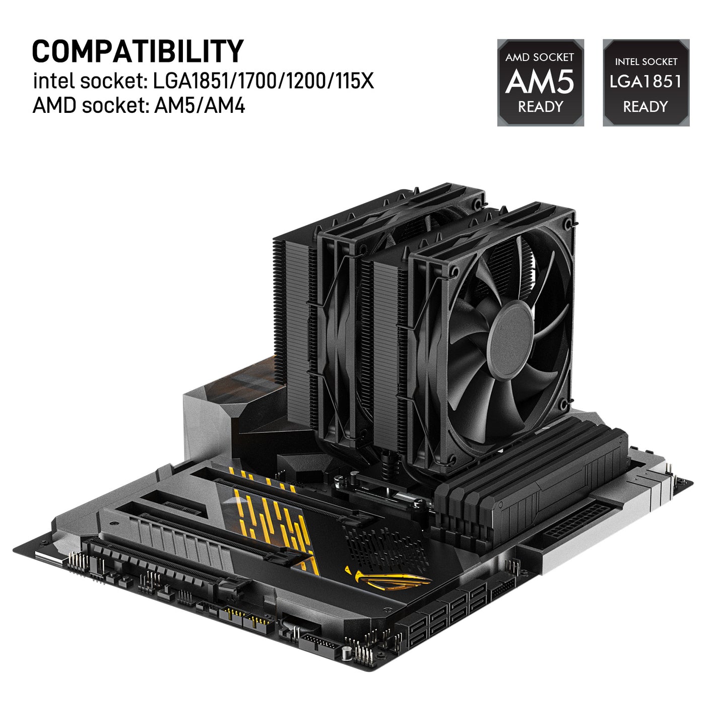 DARKROCK DT6 CPU Air Cooler, Dual Towers with 6 Copper Heat Pipes, 2 x 120mm PWM Fan for Low Noise Operation, Easy Installation - Brackets for Intel LGA 1851/1700/1200/115X & AMD AM5/AMD4 - Black