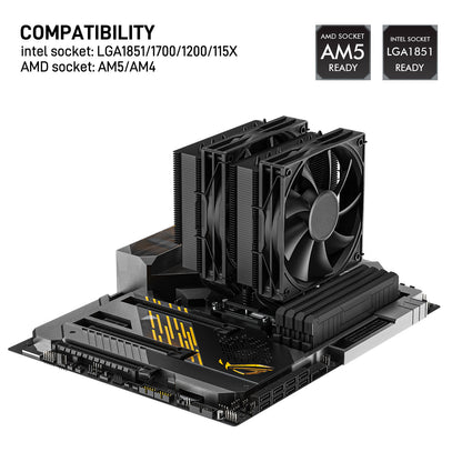 DARKROCK DT6 CPU Air Cooler, Dual Towers with 6 Copper Heat Pipes, 2 x 120mm PWM Fan for Low Noise Operation, Easy Installation - Brackets for Intel LGA 1851/1700/1200/115X & AMD AM5/AMD4 - Black