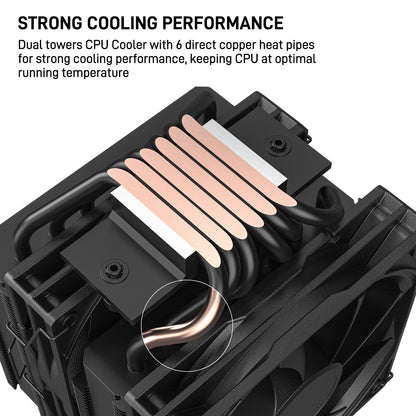 DARKROCK DT6 CPU Air Cooler, Dual Towers with 6 Copper Heat Pipes, 2 x 120mm PWM Fan for Low Noise Operation, Easy Installation - Brackets for Intel LGA 1851/1700/1200/115X & AMD AM5/AMD4 - Black