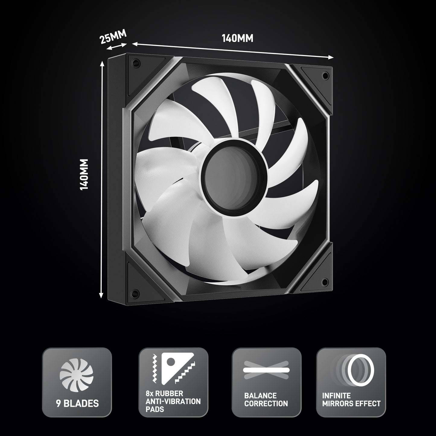 DARKROCK F140 140 mm Infinity Mirror Design Case Fan with PWM Control and ARGB LED Light Effect, HDB Hydraulic Bearings for Low Noise Operation