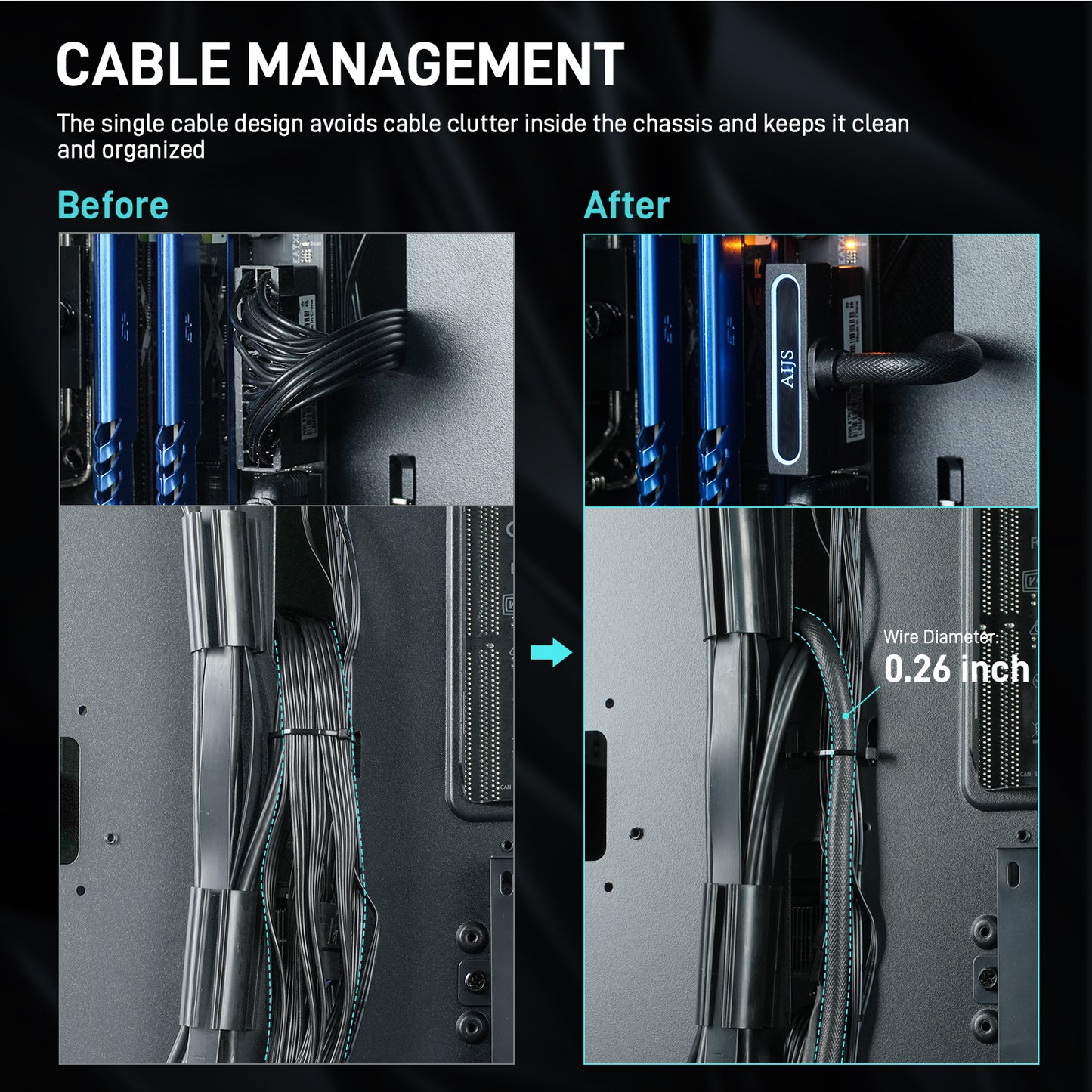 DARKROCK LED 24 Pin Extension Cable for Power Supply & Motherboard, 90-degree Adapter with Single Durable & Flexible Rubber Cable RGB Lighting, Cable Management - Black